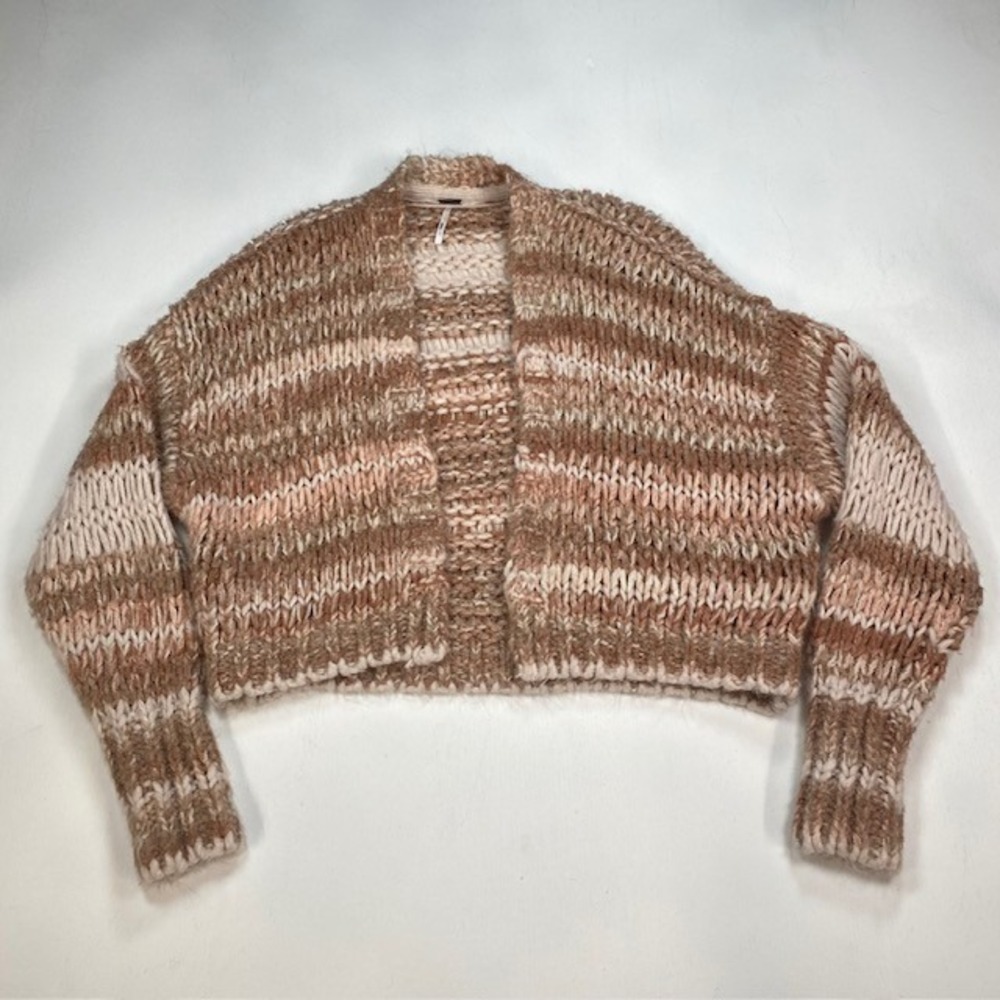 Free People Chunky Knit Cropped Cardigan Brown Cream Striped Open Front Large